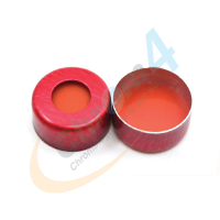 C141-11R 11mm Aluminum Red Crimp Cap, PTFE/Natural Red Rubber