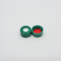 C397E-09SG 9mm Green Screw Cap, Red PTFE/White Silicone, pre-slit
