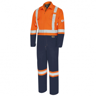  PIONEER  88/12 7OZ. SAFETY COVERALL - 2-TONE INDUSTRIAL WASH - HI-VIZ ORANGE/NAVY