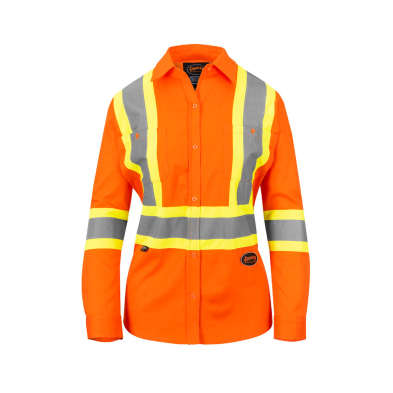 SAH-4441W/OR/L 4441W PIONEER WOMENS HIVIS BUTTON UP SHIRT ORANGE LARGE