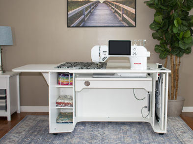 Model 9030 Sewing & Quilting Cabinet features a 34" sewing machine opening to fit the BERNINA 990, Janome M17, Brother Aveneer EV1, and Baby Lock Radiance.