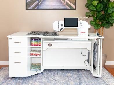 Model 9080 Sewing & Quilting Cabinet features a 34" sewing machine opening to fit the BERNINA 990, Janome M17, Brother Aveneer EV1, and Baby Lock Radiance.