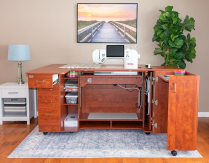 Model 9479 Sewing & Quilting Cabinet features a 34" sewing machine opening to fit the BERNINA 990, Janome M17, Brother Aveneer EV1, and Baby Lock Radiance.