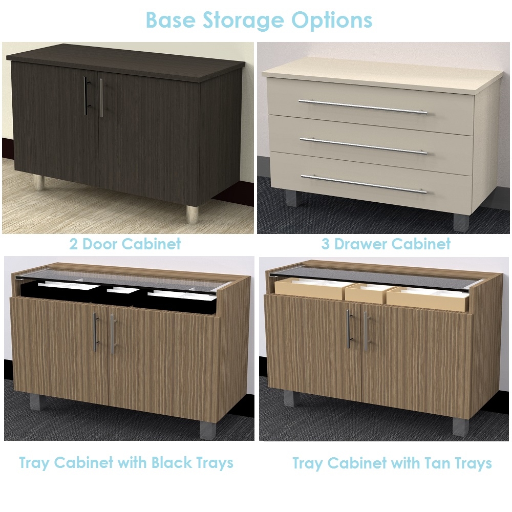 Optical display base cabinets, lower storage options, optical furniture