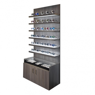 locking shelf eyewear display, optical furniture, LED lit display, LED lit eyewear display