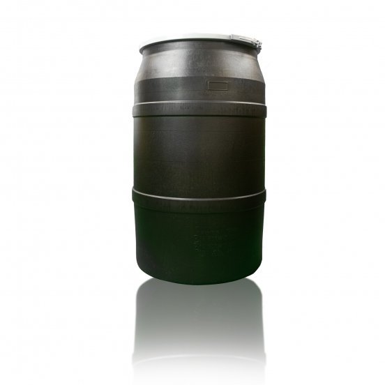 BLACK 55 GALLON PLASTIC DRUM