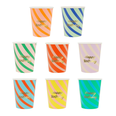 Stripe Happy Birthday Cups|Meri Meri