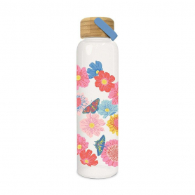 Butterfly Blossoms Glass Water Bottle with Bamboo Lid|Studio