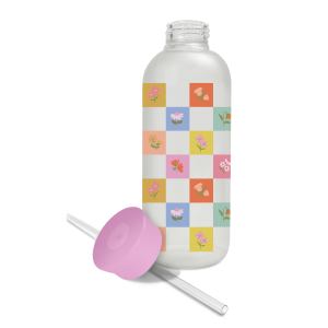 Checkerboard Blossoms Glass Water Bottle With Straw|Studio O