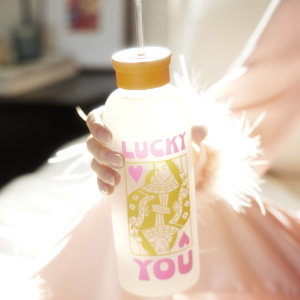 Lucky Card Glass Water Bottle With Straw|Studio Oh!