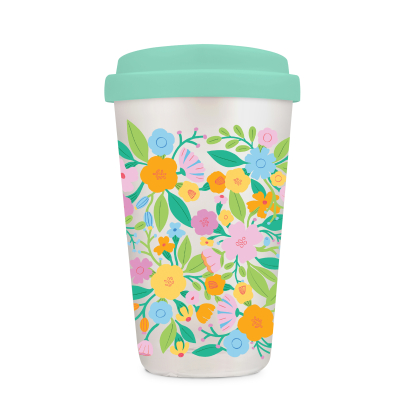 Floral Rush Glass Coffee Tumbler with Sip-Through Silicone L