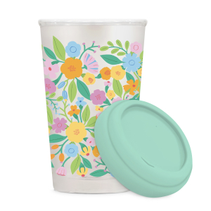 Floral Rush Glass Coffee Tumbler with Sip-Through Silicone L