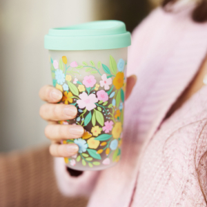 Floral Rush Glass Coffee Tumbler with Sip-Through Silicone L