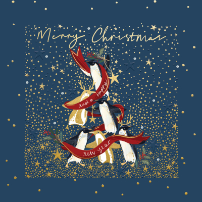 BOX LRG SQ Navy Blue Penguins Christmas Greetings Luxury