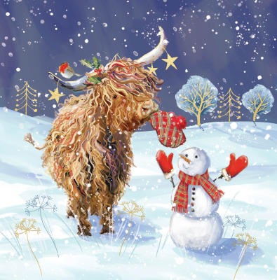 BOX SML SQ Highland Cow And Snowman Christmas Fun Premium