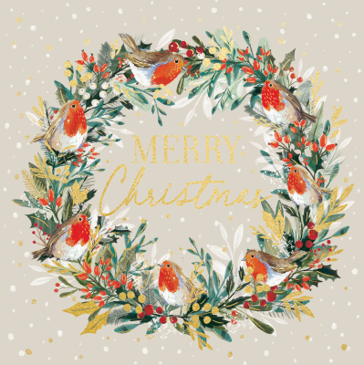 BOX SML SQ Robin In A Christmas Wreath Premium