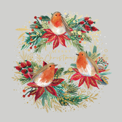 BOX LRG SQ Birds Nestled In A Christmas Wreath Premium