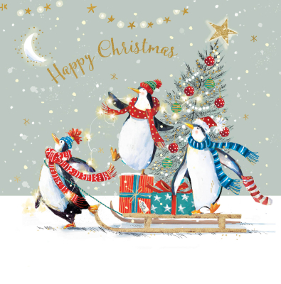 Happy Christmas Penguins Delivering Presents