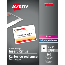 Avery&reg; Name Badge Card Refills 4" x 3" White 300/box