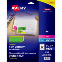 Avery&reg; Neon High Visibility Labels 2-5/8" x 1" Laser Assorted Colours 450/box