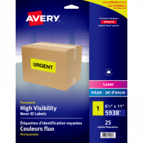 Avery&reg; Neon High Visibility Labels 8-1/2" x 11" Yellow 25/pkg