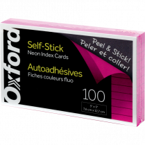 Oxford&reg; Self Stick Index Cards Ruled 3" x 5" Neon Pink 100/pkg