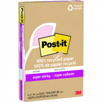 Post-it&reg; 100% Recycled Paper Super Sticky Notes Lined 4" x 6" Assorted Wanderlust Pastel Colours 4 pads/pkg