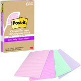 Post-it&reg; 100% Recycled Paper Super Sticky Notes Lined 4" x 6" Assorted Wanderlust Pastel Colours 4 pads/pkg