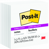 Post-it&reg; Super Sticky Notes Cubes 3" x 3" White 5/pkg