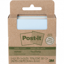 Post-it&reg; 100% Recycled Paper Super Sticky Notes 3" x 3" 70 sheets per pad Assorted Wanderlust Pastel Colours 5 pads/pkg