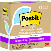Post-it&reg; 100% Recycled Super Sticky Notes 3" x 3" 70 sheets per pad Assorted Oasis Colours 5 pads/pkg