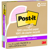 Post-it&reg; 100% Recycled Paper Super Sticky Notes Lined 4" x 4" 70 sheets per pad Assorted Wanderlust Pastel Colours 3 pads/pkg