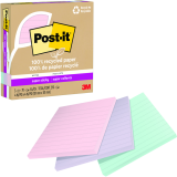 Post-it&reg; 100% Recycled Paper Super Sticky Notes Lined 4" x 4" 70 sheets per pad Assorted Wanderlust Pastel Colours 3 pads/pkg