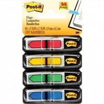 Post-it&reg; Mini Flags Arrows 1/2" 24 flags x 4 dispensers/pkg Assorted Primary Colours 