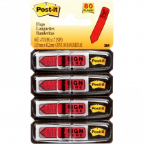 Post-it&reg; Mini Flags Sign Here Arrow Action Set 1/2" x 1-11/16" 20 flags x 4 dispensers/pkg Red