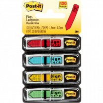Post-it&reg; Mini Flags Sign Here Arrow Action Set 1/2" x 1-11/16" 30 flags x 4 dispensers/pkg Assorted Colours