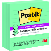 Post-it&reg; Super Sticky Recycled Pop-up Notes Lined 4" x 4" Aqua Wave 5/pkg