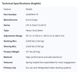 ANCRA LIFT-A-DECK 2 HEAVY DUTY BEAM 95" TO 105"