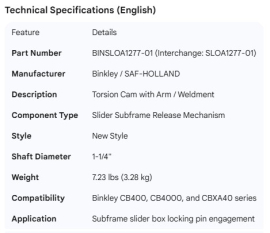 BINKLEY SLIDER BOX TORSION CAM WITH ARM NEW STYLE