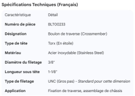 CROSSMEMBER BOLT TORX STAINLESS STEEL  3/8" X 1-1/8"