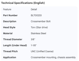 CROSSMEMBER BOLT TORX STAINLESS STEEL  3/8" X 1-1/8"
