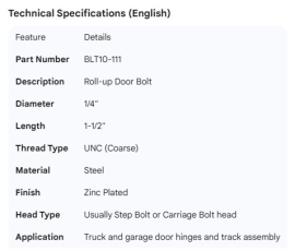 ROLL-UP DOOR BOLT 1/4" X 1-1/2" ZINC