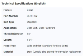 DOOR BOLT STEP BOLT 1/4" X 1-1/4"