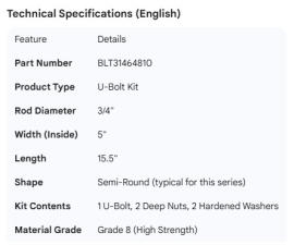 U-BOLT KIT 3/4" X 5" X 15.5"