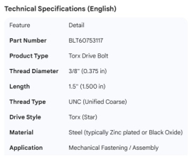 TORX TRUSS HEAD BOLT 3/8" X 1.5"