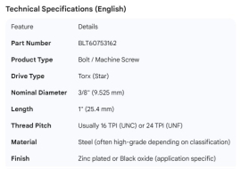 TORX BUTTON BOLT 3/8" X 1"