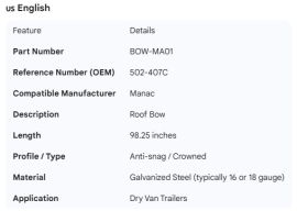 MANAC ROOF BOW 98.25" 502-407C