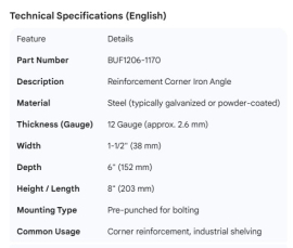 REINFORCEMENT CORNER IRON ANGLE 1-1/2" X 6" X 8"