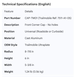 TRAILMOBILE CORNER CAP 7511-A1-05 (NO HOLES)