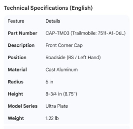 TRAILMOBILE CORNER CAP LH 7511-A1-06L